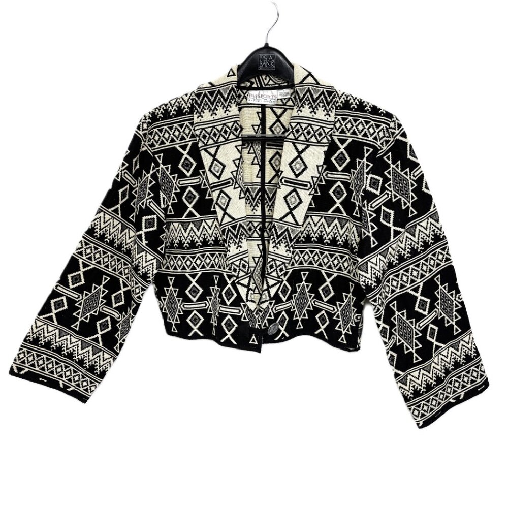 80s Vtg Southwest Blk White Western Aztec Pier One Imports Crop Jacket Sz L